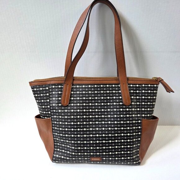 Fossil Mini Shopper Tote Black Key Pattern Brown Vegan Leather Travel Office Bag - Picture 1 of 12